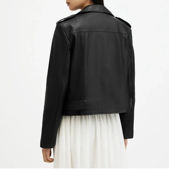All Saints Black Balfern Belted Hem Leather Biker Jacket Size 2 - Picture 8 of 13